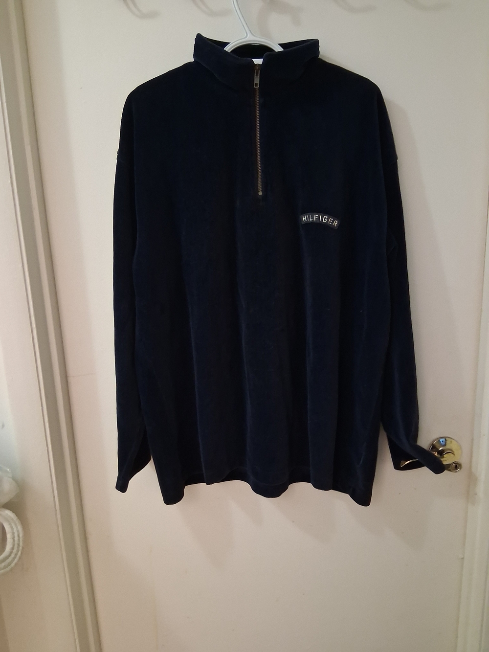 Vintage Tommy Hilfiger Jacket Mens XL Blue Velour Quarter Zip Pullover 90s - Picture 2 of 5